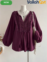 Plus Size Women’s Bohemian Lace Patchwork Fringe Top – Dark Purple Long Sleeve