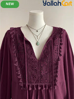 Plus Size Women’s Bohemian Lace Patchwork Fringe Top – Dark Purple Long Sleeve