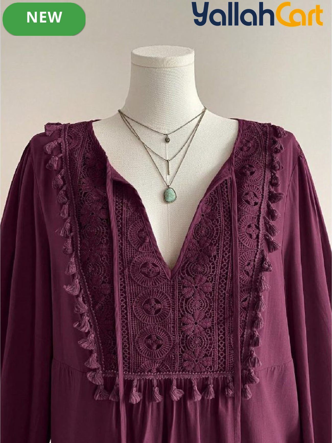 Plus Size Women’s Bohemian Lace Patchwork Fringe Top – Dark Purple Long Sleeve