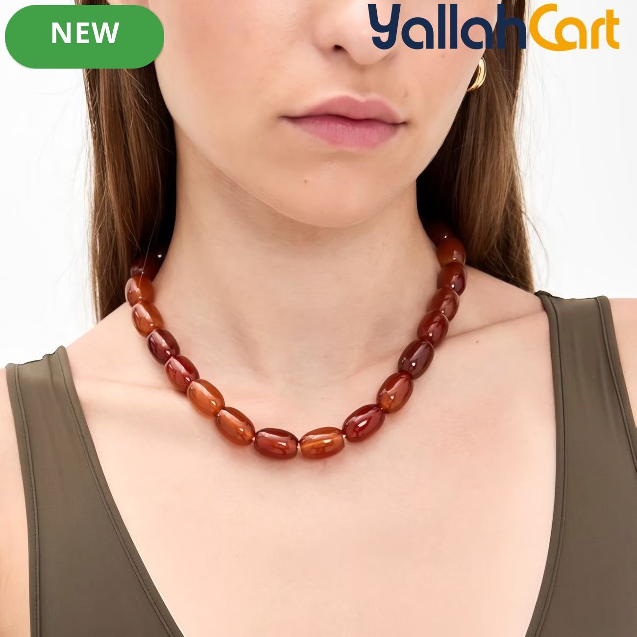 Unisex Red-Brown Beaded Necklace – Smooth Oval Stone-Style Beads, Minimalist Clavicle Chain