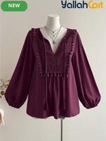 Plus Size Women’s Bohemian Lace Patchwork Fringe Top – Dark Purple Long Sleeve