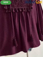Plus Size Women’s Bohemian Lace Patchwork Fringe Top – Dark Purple Long Sleeve