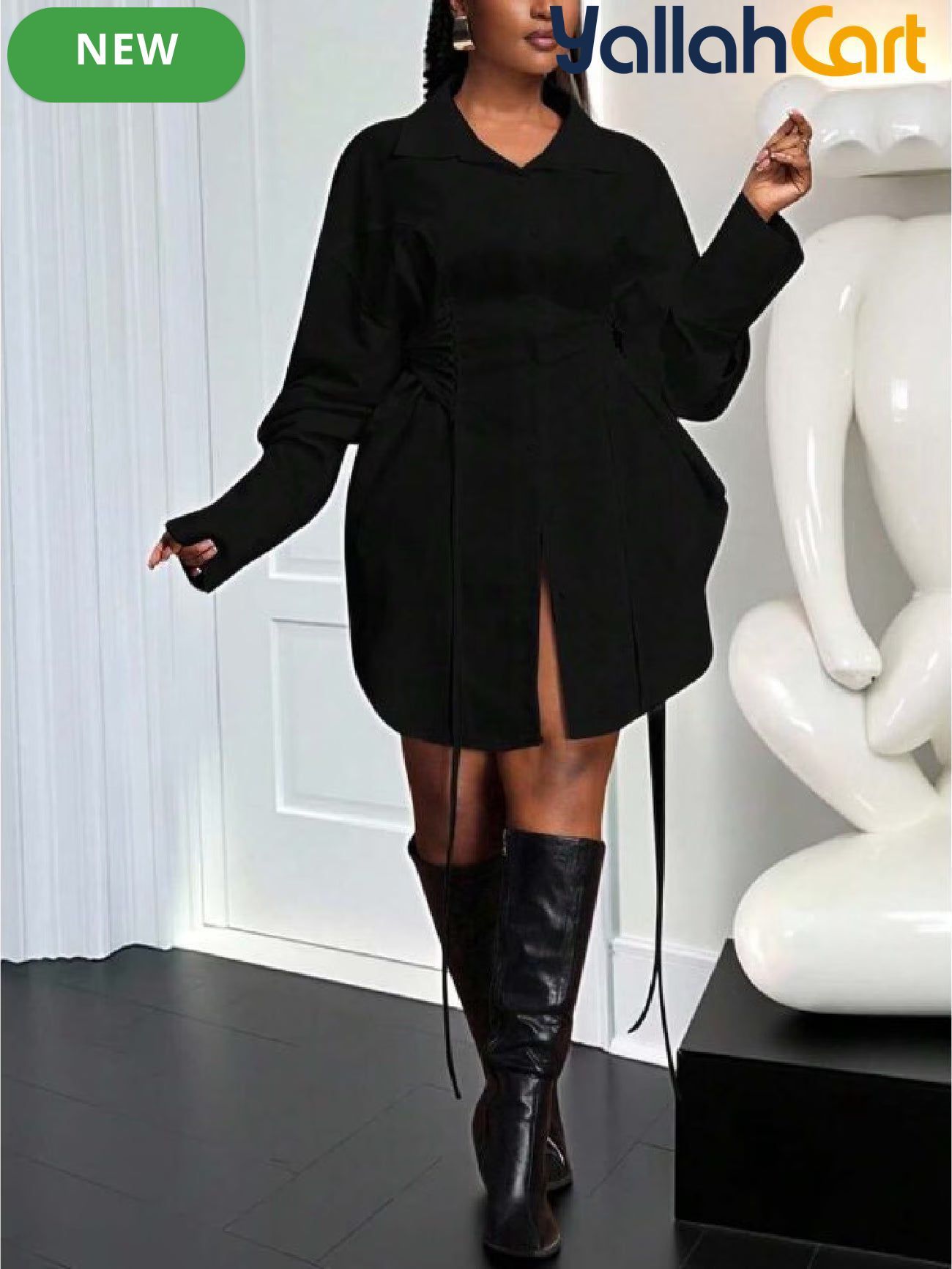 Plus Size Women’s A-Line Puff Sleeve Dress – Long Sleeve Tie Waist Dress with Zipper