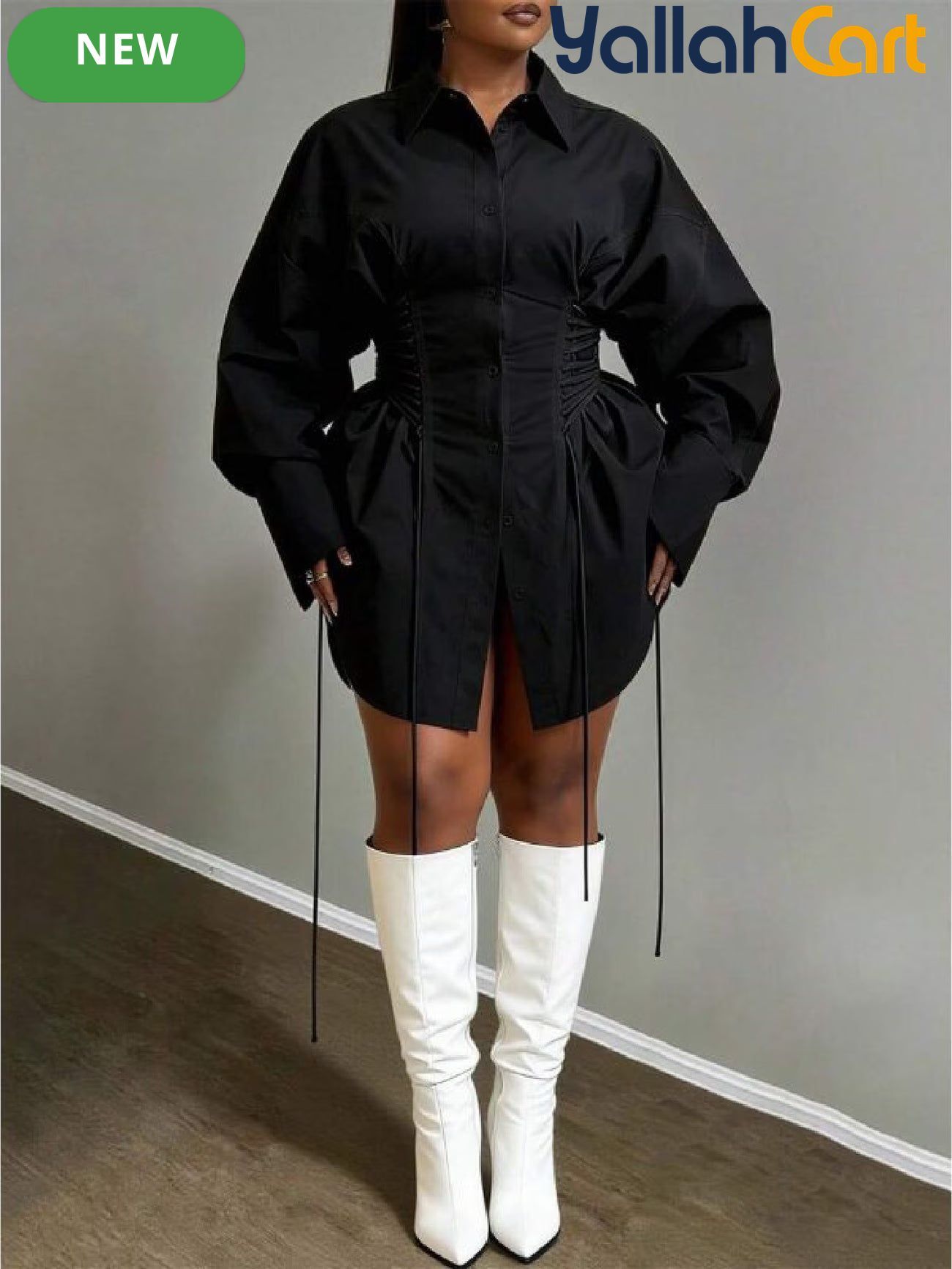 Plus Size Women’s A-Line Puff Sleeve Dress – Long Sleeve Tie Waist Dress with Zipper