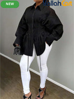 Plus Size Women’s A-Line Puff Sleeve Dress – Long Sleeve Tie Waist Dress with Zipper