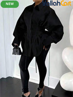 Plus Size Women’s A-Line Puff Sleeve Dress – Long Sleeve Tie Waist Dress with Zipper
