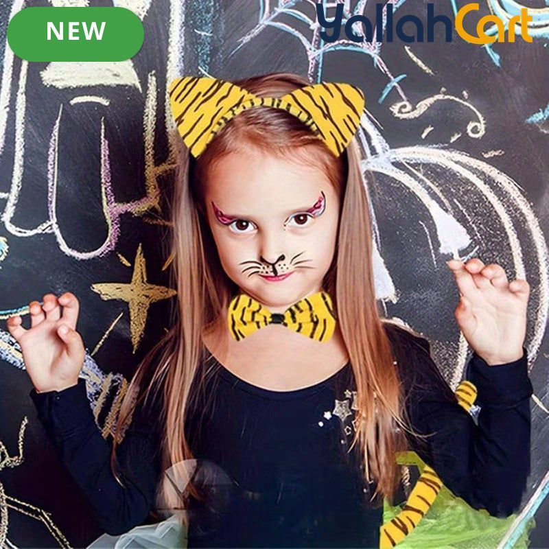 Tiger Costume Accessories Set – Ears Headband, Bow Tie & Tail for Halloween & Cosplay