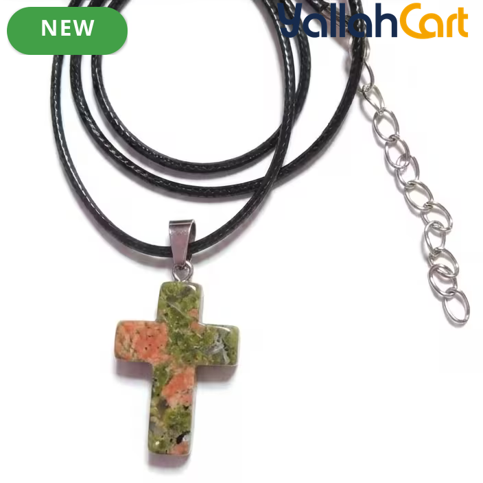 Natural Red Jasper Cross Pendant Necklace – Adjustable Black Cord Gemstone Religious Jewelry