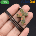 Natural Red Jasper Cross Pendant Necklace – Adjustable Black Cord Gemstone Religious Jewelry