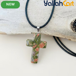 Natural Red Jasper Cross Pendant Necklace – Adjustable Black Cord Gemstone Religious Jewelry