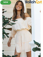 Women’s Nordic Striped One-Shoulder Waist-Detail Dress
