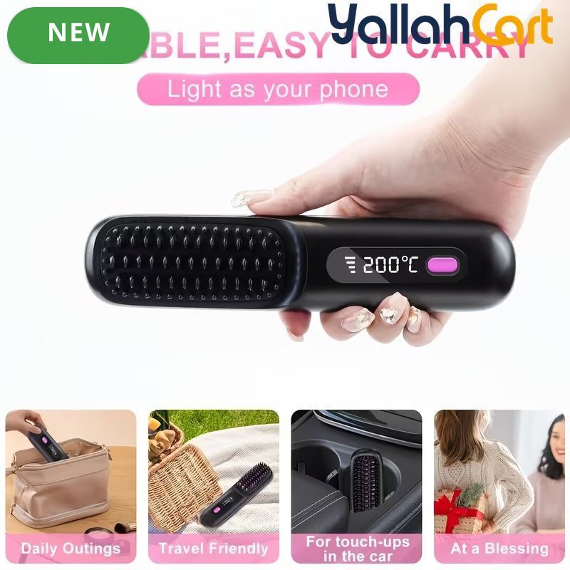 Cordless Hair Straightener Brush – Black, Small, USB Rechargeable