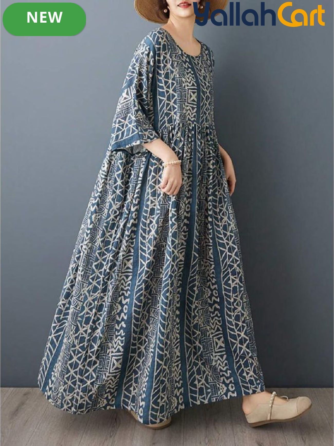 Plus Size Women’s Bohemian A-Line Dress with Batwing Sleeves & Built-In Underdress