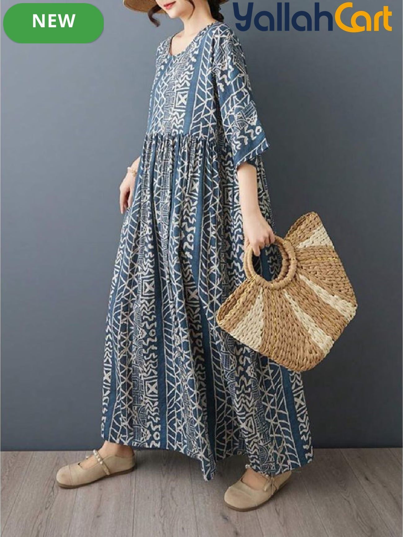 Plus Size Women’s Bohemian A-Line Dress with Batwing Sleeves & Built-In Underdress
