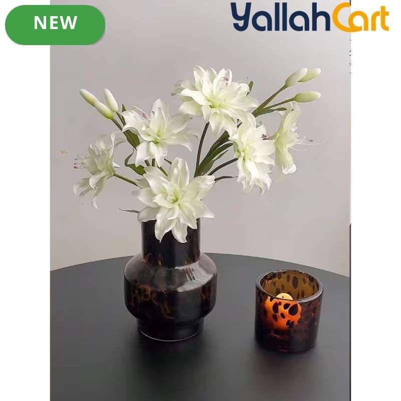 Luxury Tortoiseshell Glass Vase – Vintage Wabi-Sabi Cylinder Flower Holder with Tiger Design