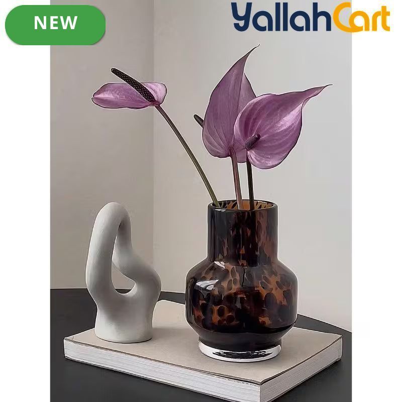 Luxury Tortoiseshell Glass Vase – Vintage Wabi-Sabi Cylinder Flower Holder with Tiger Design