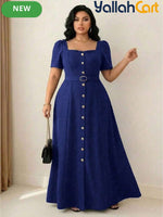 Plus Size Women’s A-Line Dress with Ruffle Neckline, Short Sleeves & Buttoned Waist