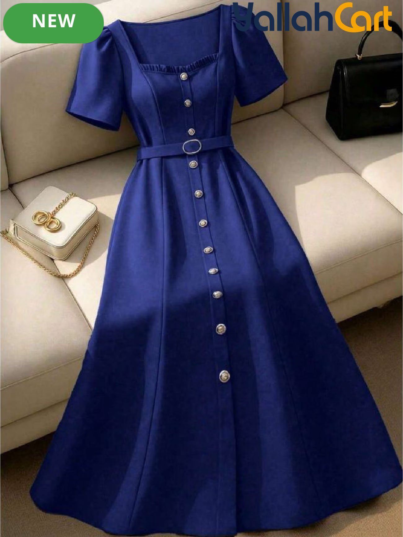 Plus Size Women’s A-Line Dress with Ruffle Neckline, Short Sleeves & Buttoned Waist