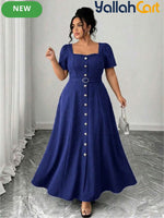 Plus Size Women’s A-Line Dress with Ruffle Neckline, Short Sleeves & Buttoned Waist