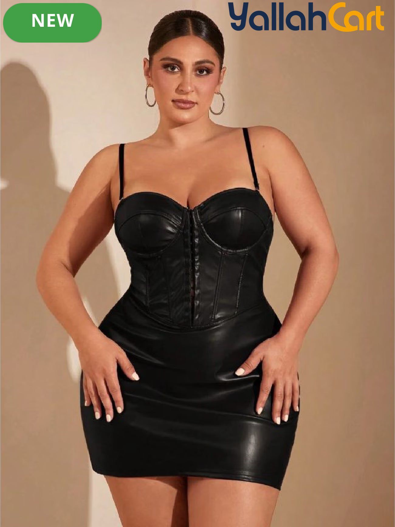 Plus Size Women’s Sweetheart Neck Faux Leather Mini Dress with Spaghetti Straps