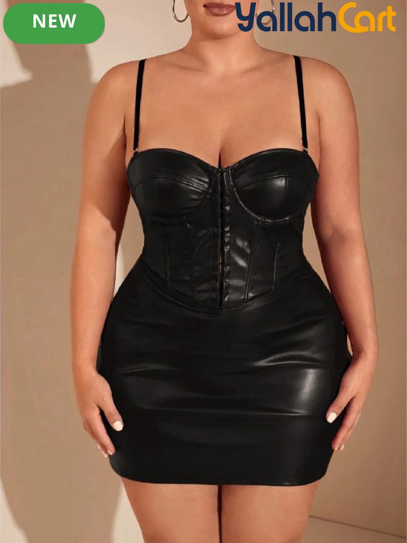Plus Size Women’s Sweetheart Neck Faux Leather Mini Dress with Spaghetti Straps