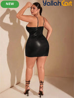 Plus Size Women’s Sweetheart Neck Faux Leather Mini Dress with Spaghetti Straps