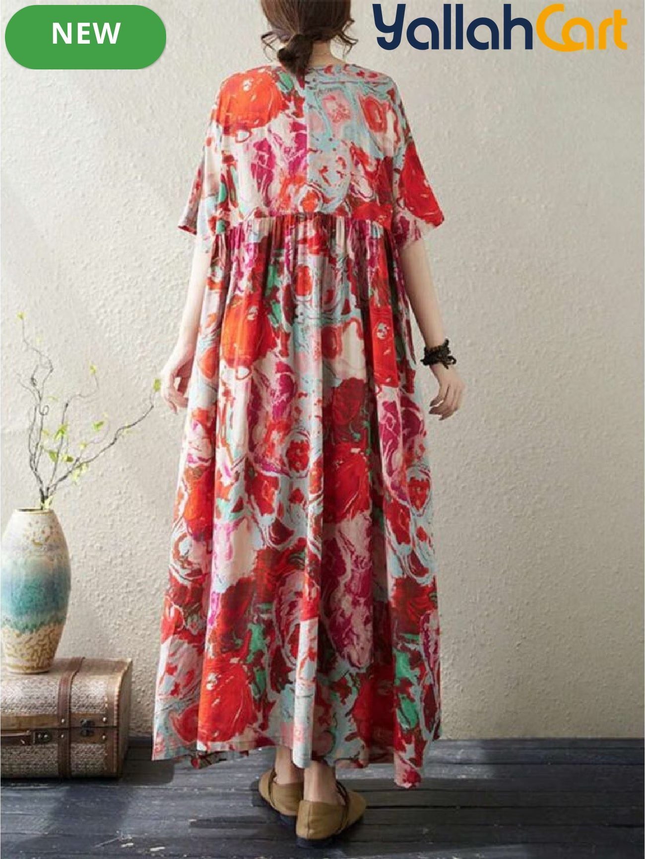 Plus Size Women’s Bohemian Print A-Line Dress – Batwing Sleeve O-Neck Casual Dress