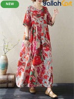 Plus Size Women’s Bohemian Print A-Line Dress – Batwing Sleeve O-Neck Casual Dress
