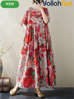 Plus Size Women’s Bohemian Print A-Line Dress – Batwing Sleeve O-Neck Casual Dress