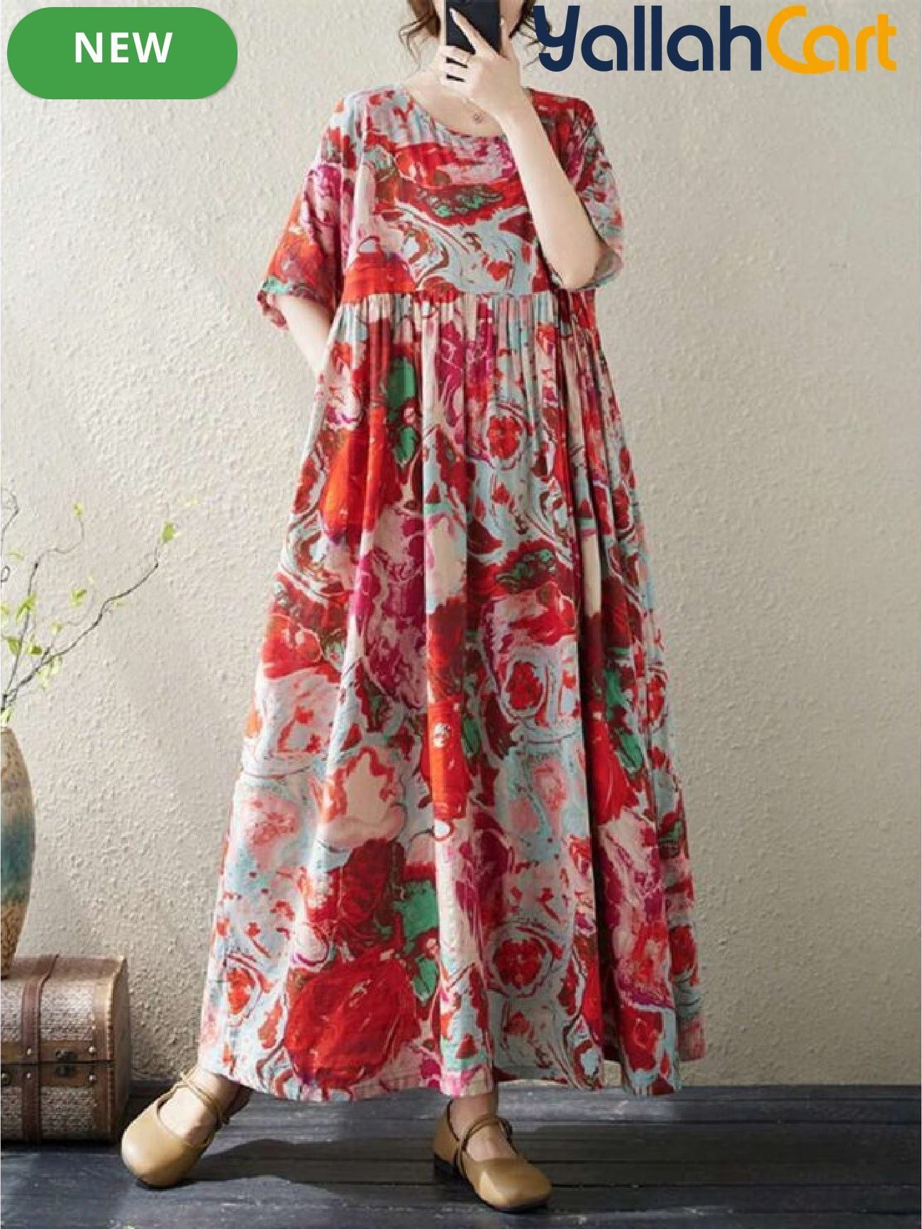 Plus Size Women’s Bohemian Print A-Line Dress – Batwing Sleeve O-Neck Casual Dress