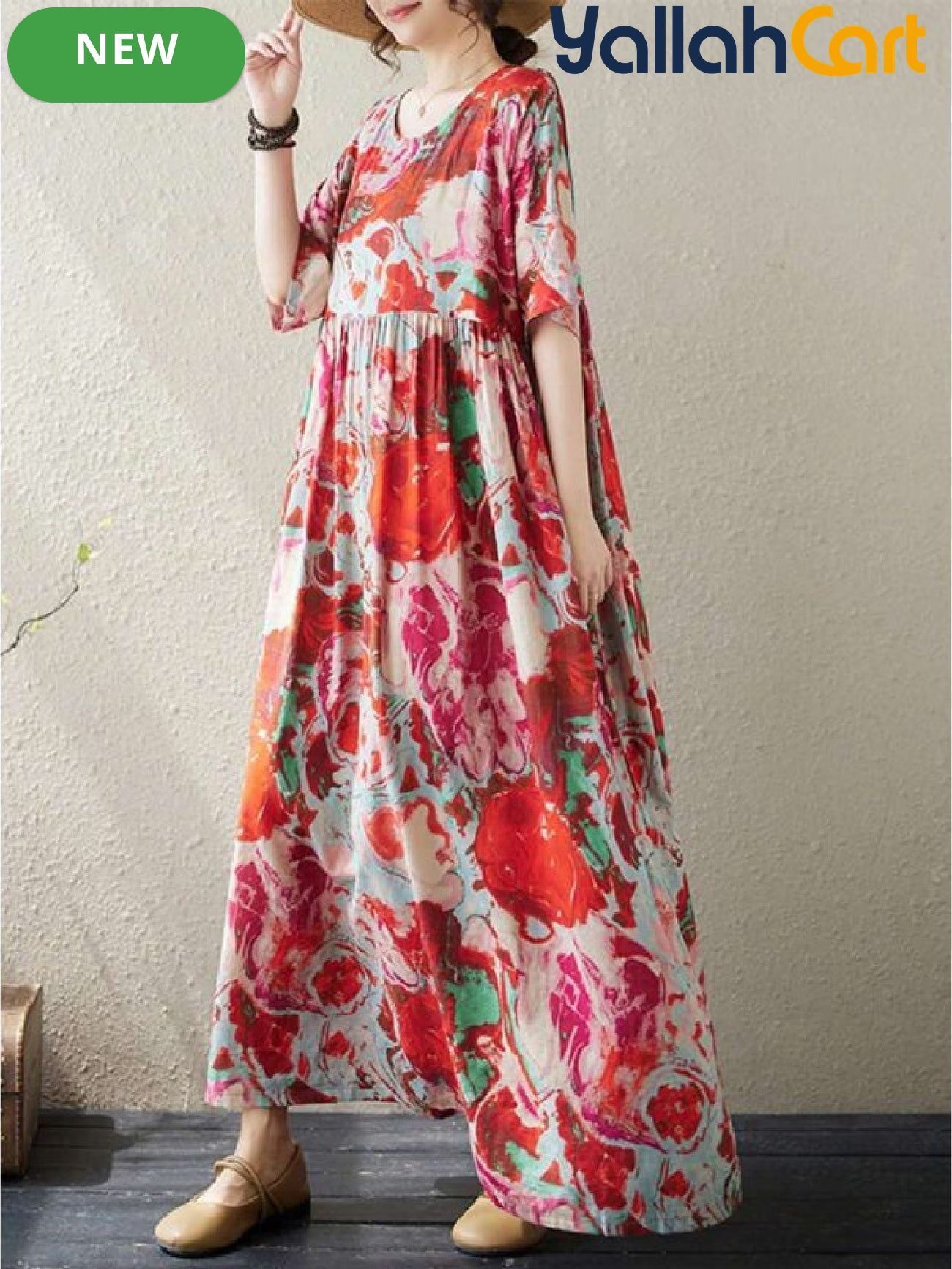 Plus Size Women’s Bohemian Print A-Line Dress – Batwing Sleeve O-Neck Casual Dress
