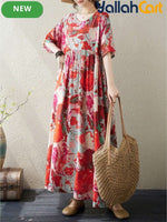 Plus Size Women’s Bohemian Print A-Line Dress – Batwing Sleeve O-Neck Casual Dress