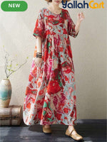 Plus Size Women’s Bohemian Print A-Line Dress – Batwing Sleeve O-Neck Casual Dress