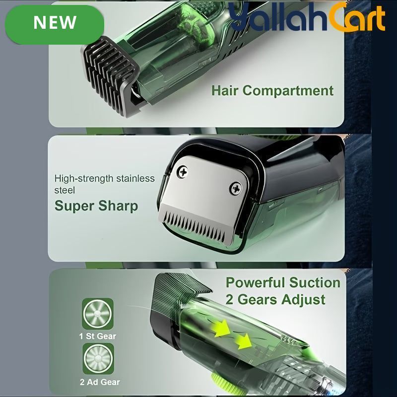 Rechargeable Electric Vacuum Hair Trimmer – Green, [Size] | Self-Suction Beard & Hair Clipper with Hair Storage System