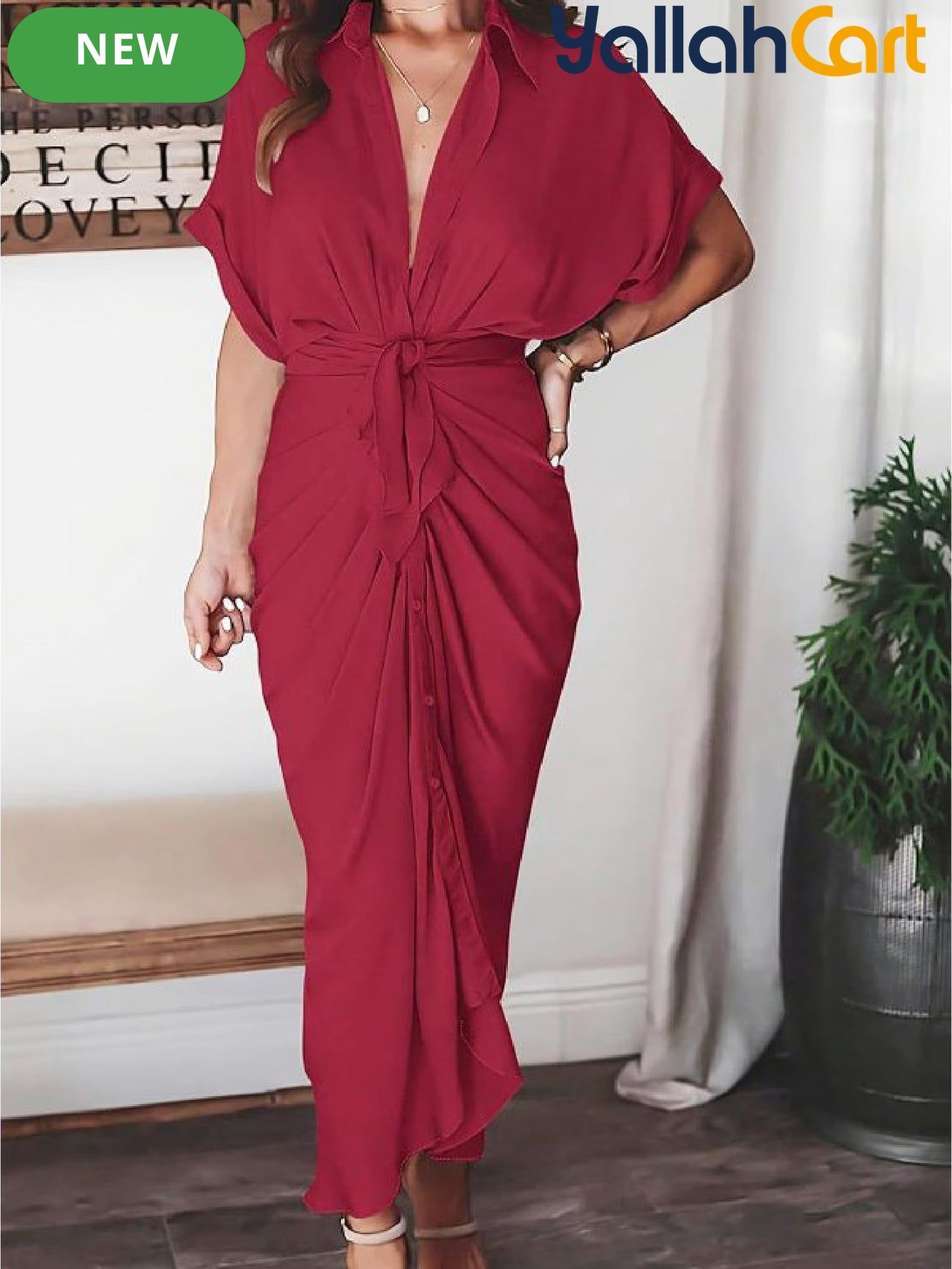 Women’s Collared Maxi Shirt Dress with Tie Waist & Button Front