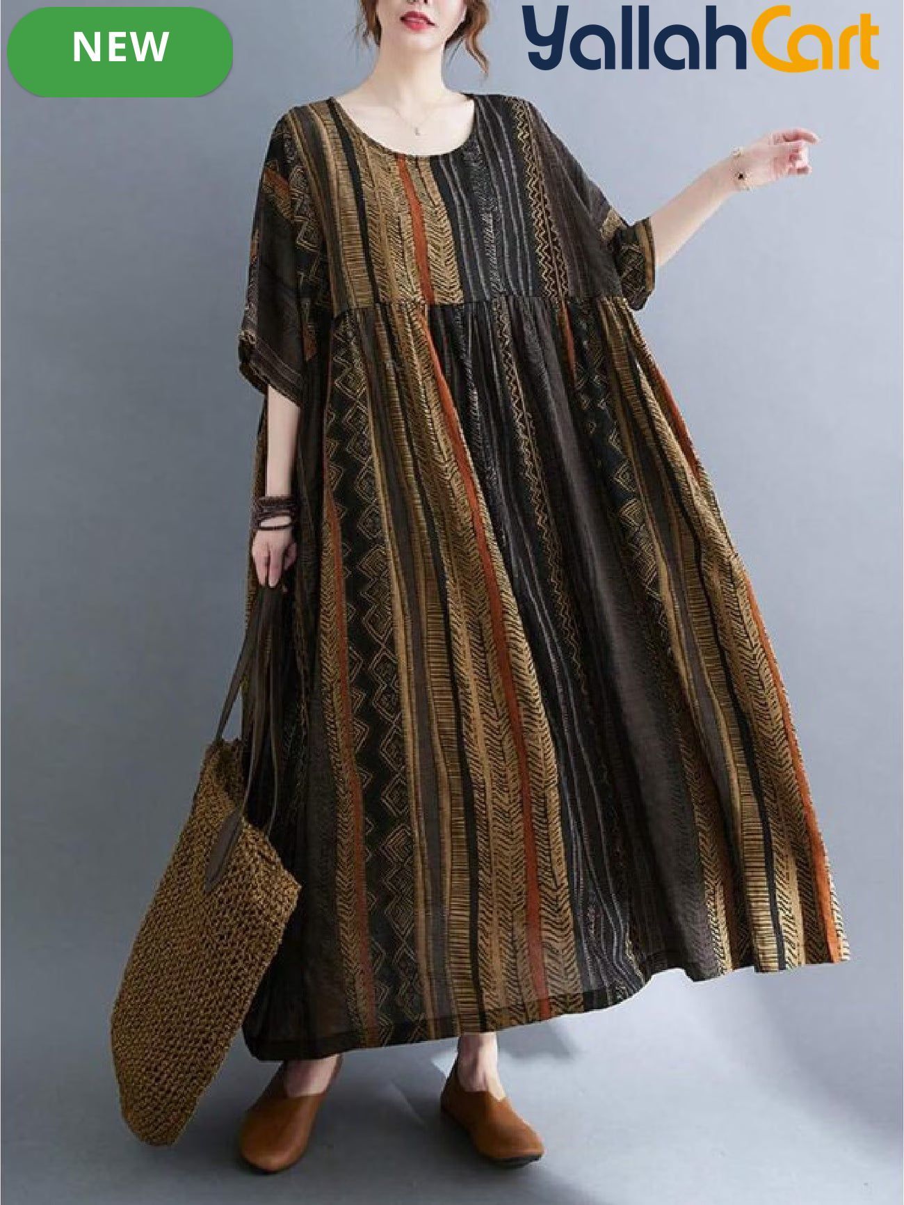 Plus Size Women’s Boho Floral A-Line Dress – Short Sleeve Casual Dress with Pockets