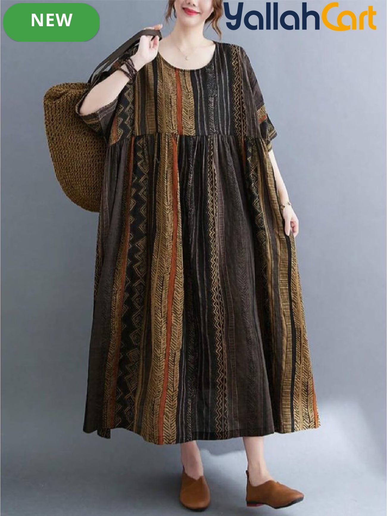 Plus Size Women’s Boho Floral A-Line Dress – Short Sleeve Casual Dress with Pockets