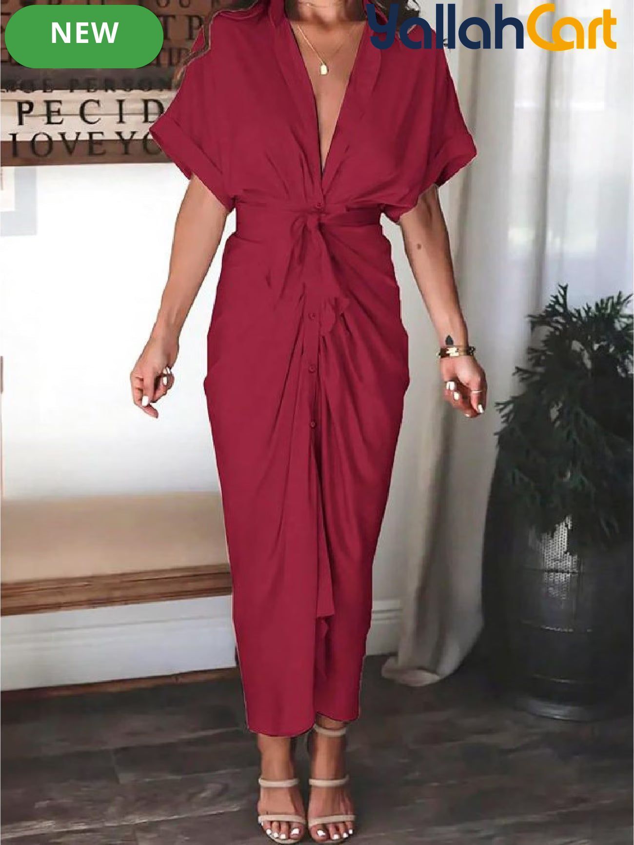 Women’s Collared Maxi Shirt Dress with Tie Waist & Button Front