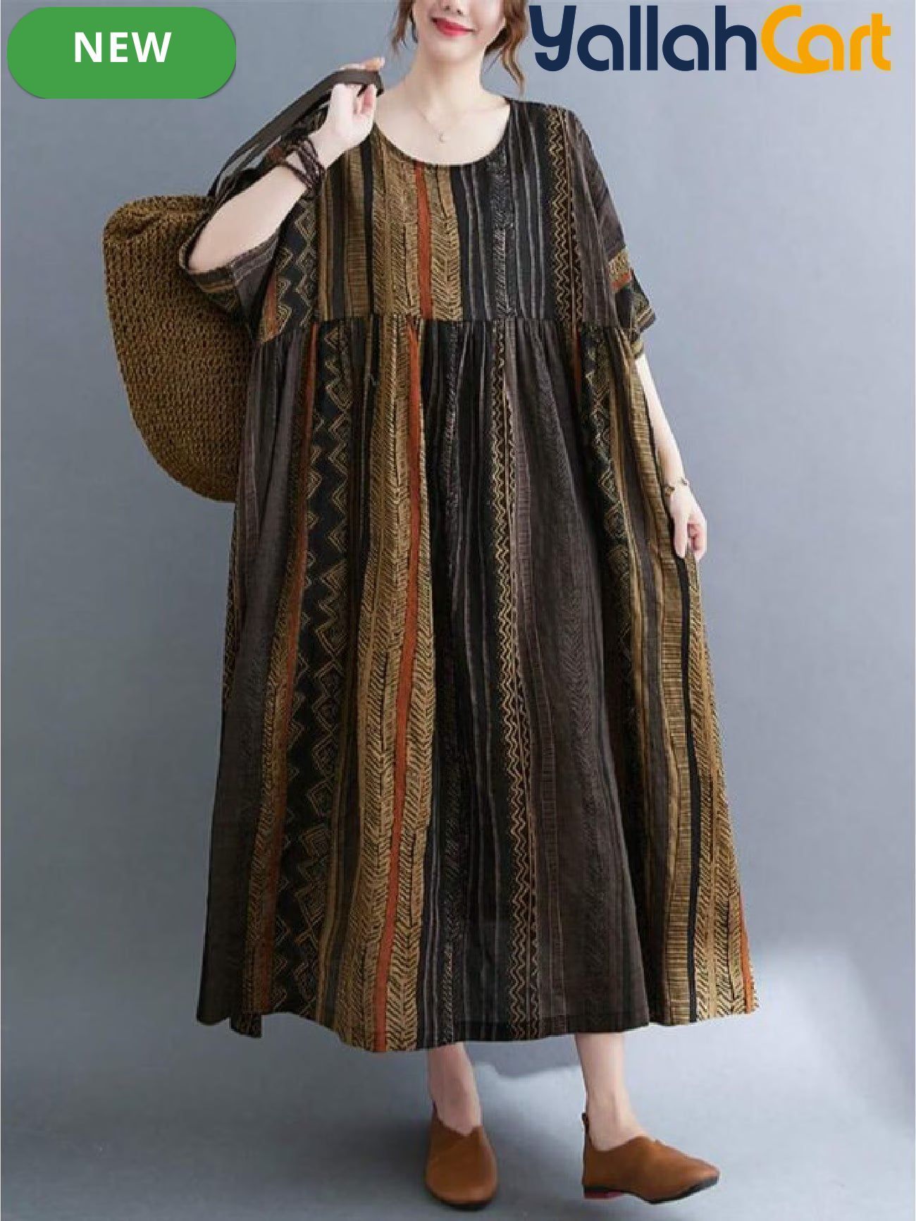 Plus Size Women’s Boho Floral A-Line Dress – Short Sleeve Casual Dress with Pockets