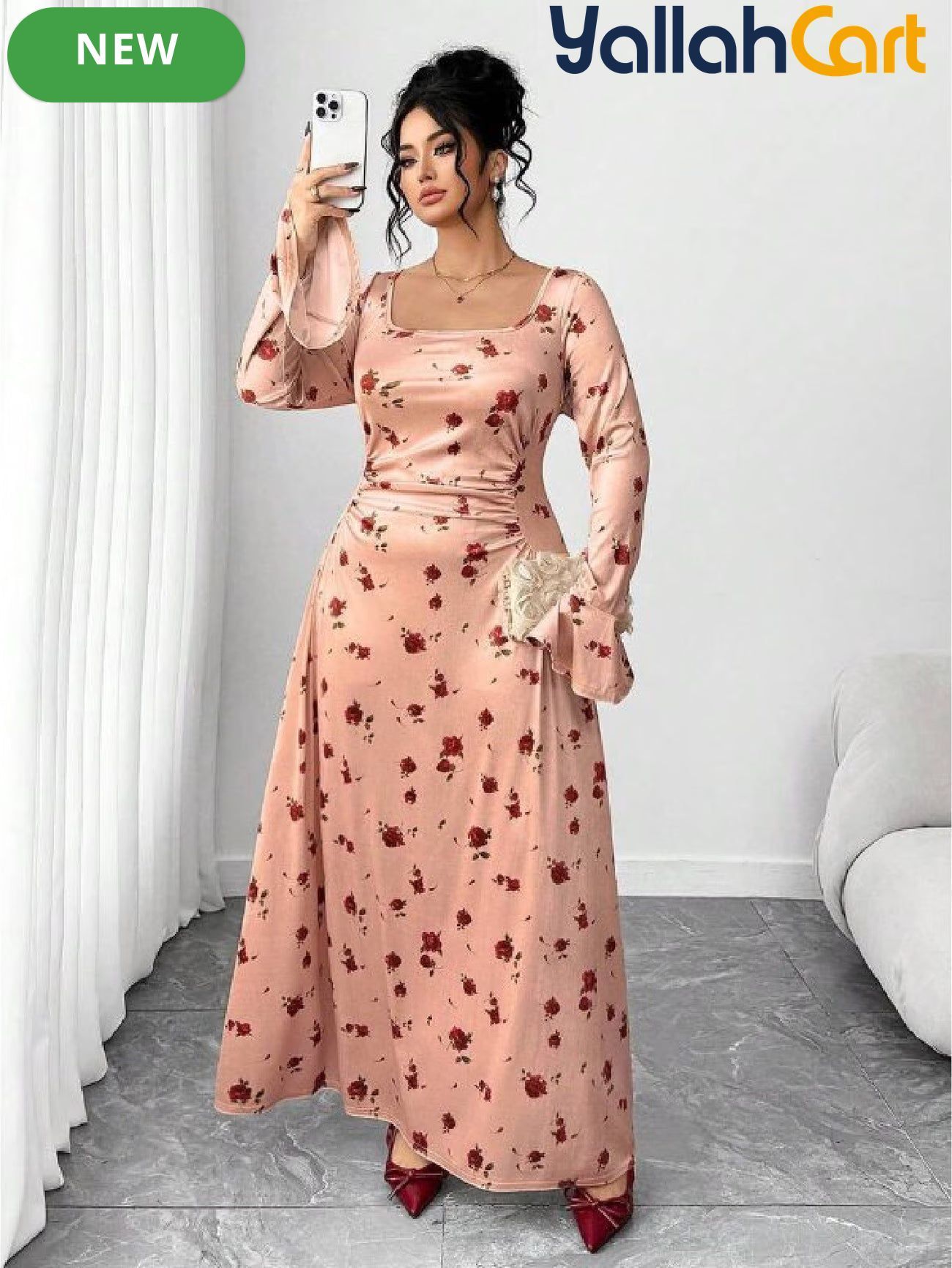 Plus Size Women’s Velvet Rose Print Maxi Dress – Long Sleeve Vintage Style Dress