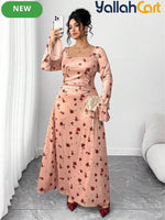 Plus Size Women’s Velvet Rose Print Maxi Dress – Long Sleeve Vintage Style Dress