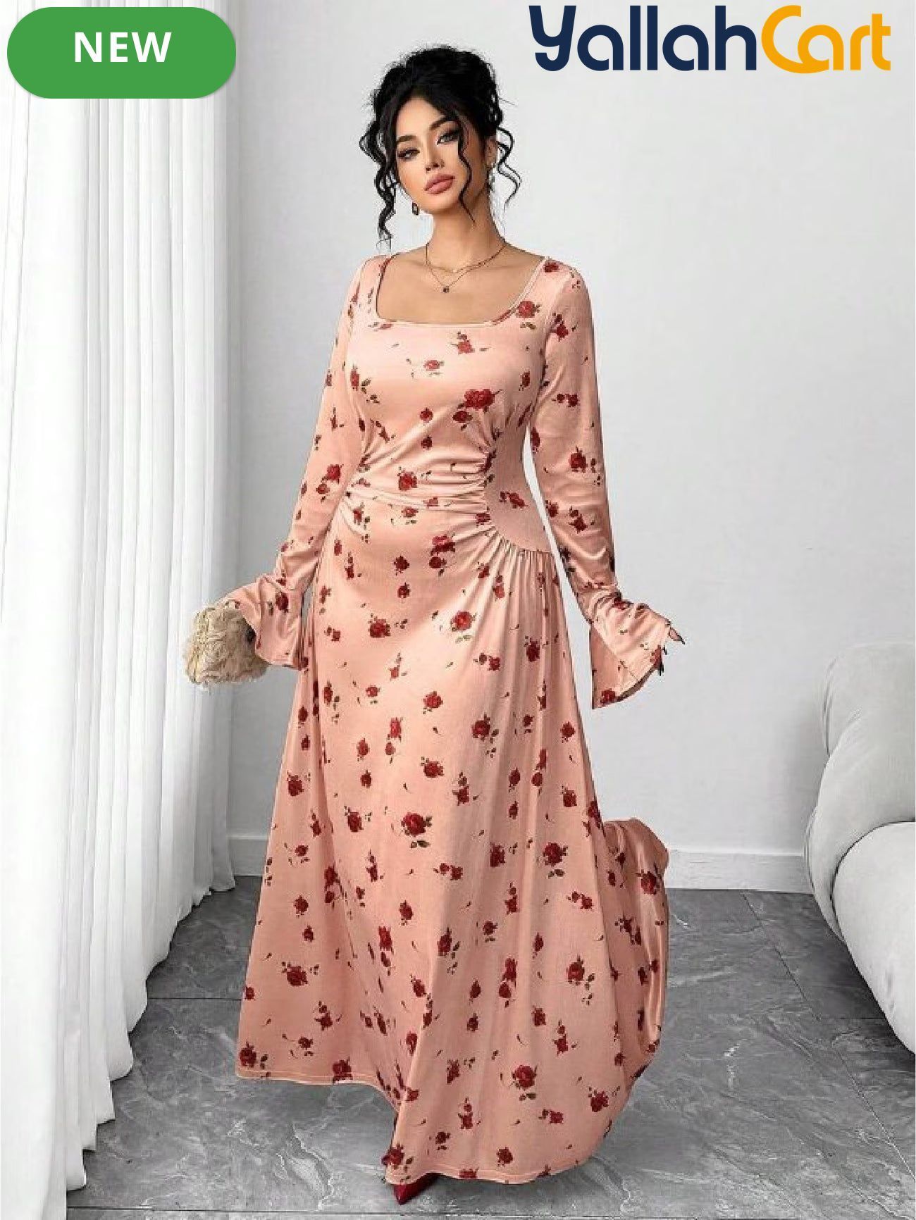 Plus Size Women’s Velvet Rose Print Maxi Dress – Long Sleeve Vintage Style Dress