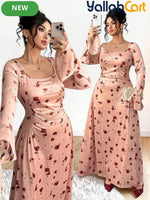 Plus Size Women’s Velvet Rose Print Maxi Dress – Long Sleeve Vintage Style Dress