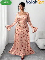 Plus Size Women’s Velvet Rose Print Maxi Dress – Long Sleeve Vintage Style Dress
