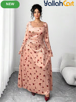 Plus Size Women’s Velvet Rose Print Maxi Dress – Long Sleeve Vintage Style Dress