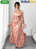 Plus Size Women’s Velvet Rose Print Maxi Dress – Long Sleeve Vintage Style Dress