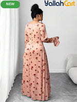 Plus Size Women’s Velvet Rose Print Maxi Dress – Long Sleeve Vintage Style Dress