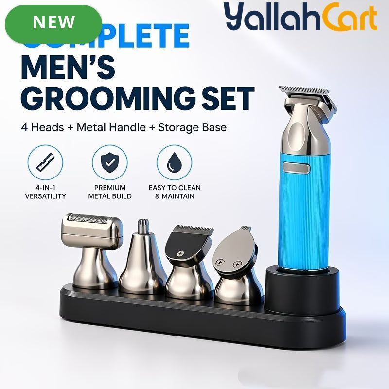 4-in-1 Complete Men’s Grooming Set – Premium Metal Handle Hair & Beard Trimmer Kit, Blue