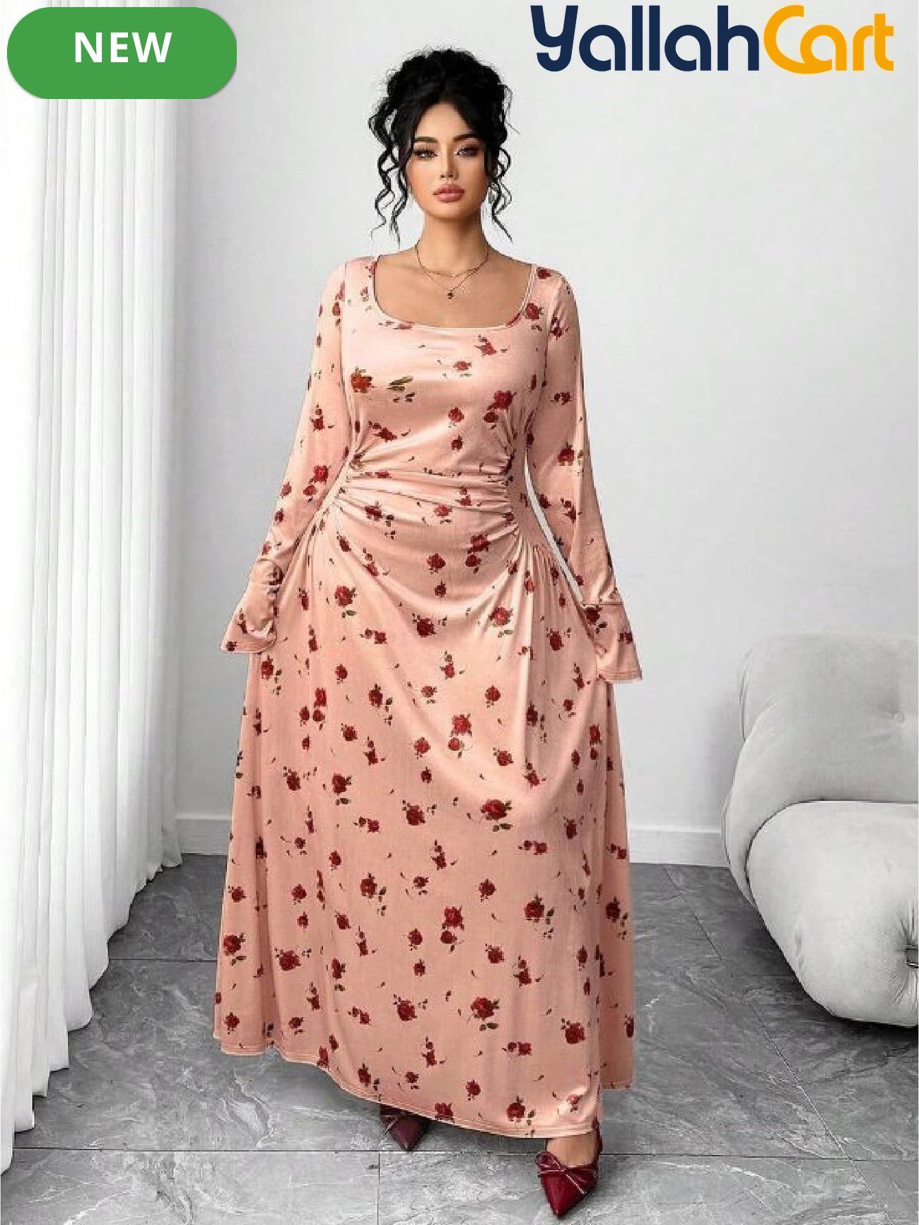 Plus Size Women’s Velvet Rose Print Maxi Dress – Long Sleeve Vintage Style Dress