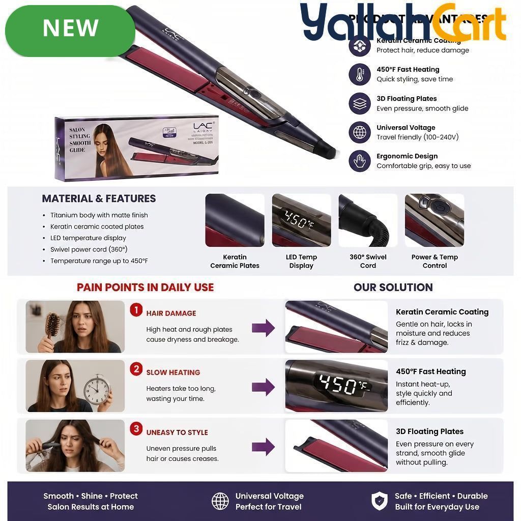 Professional Wide Plate Flat Iron with Keratin Coating – Adjustable High Temperature Hair Straightener, Black Pink